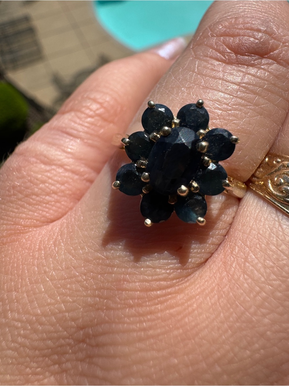 10k Gold Sapphire Cluster Ring - Deep Blue Floral Design